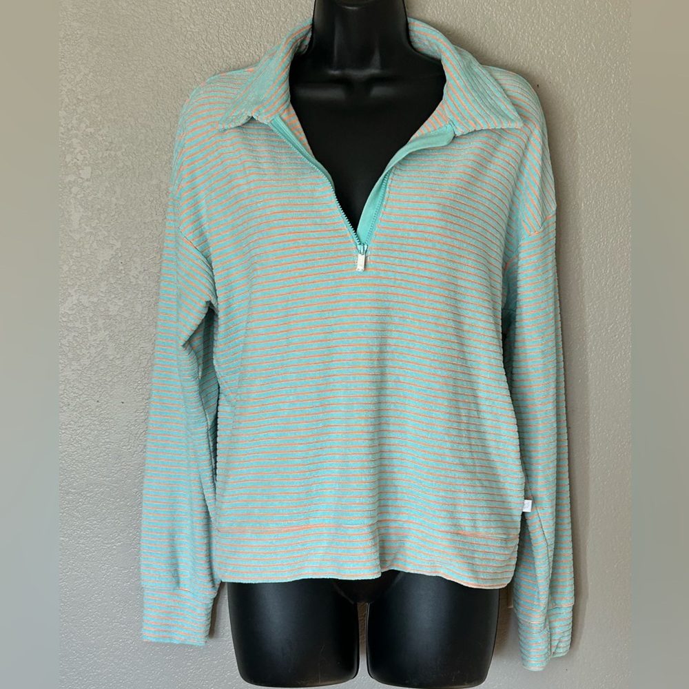 Peloton Aqua and Coral Terry Cloth Striped Pullover Athleisure Loungewear Sz S